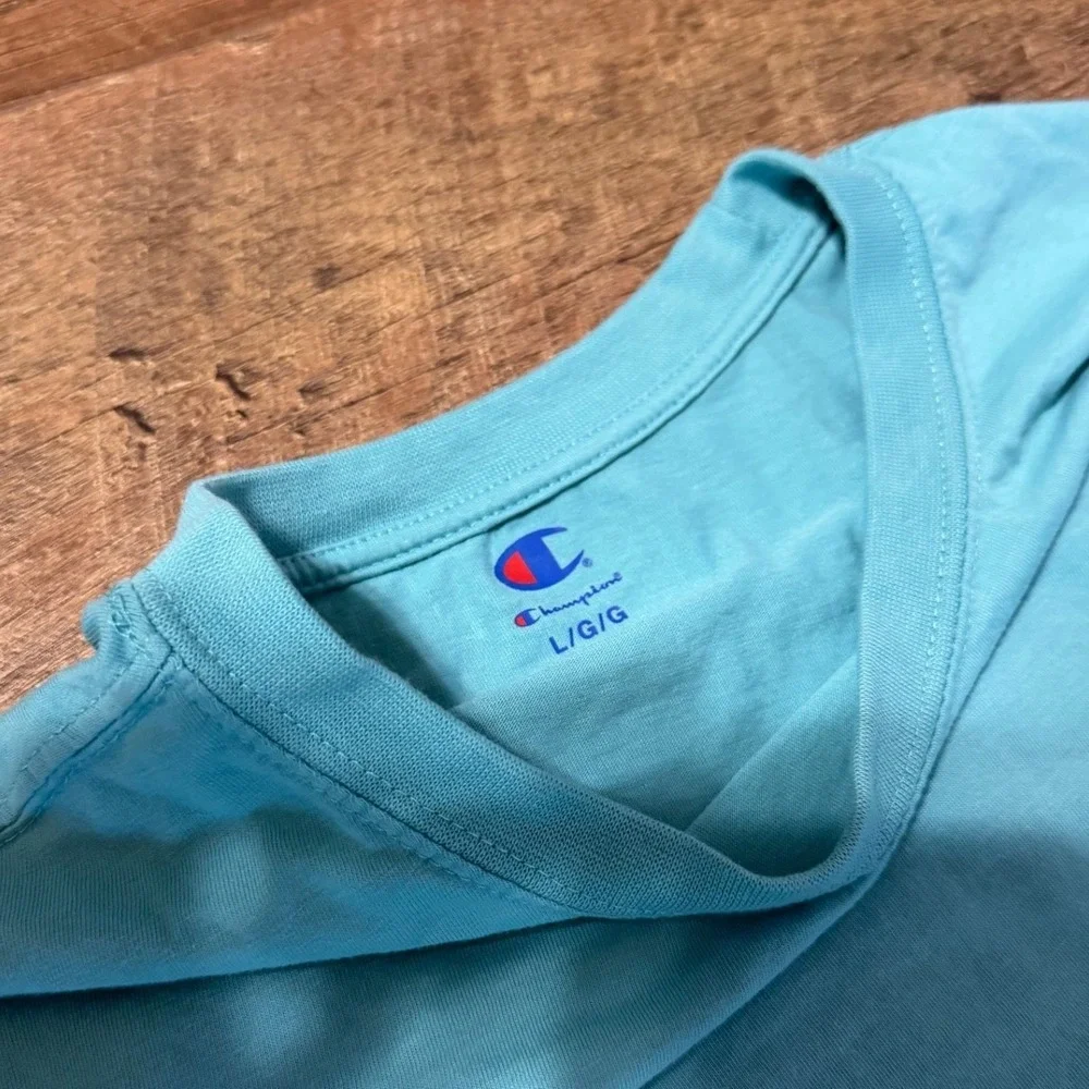 Champion Mens T-Shirt Large Light Blue Short Sleeve Crew Neck Cotton Tee Logo - Picture 3 of 7
